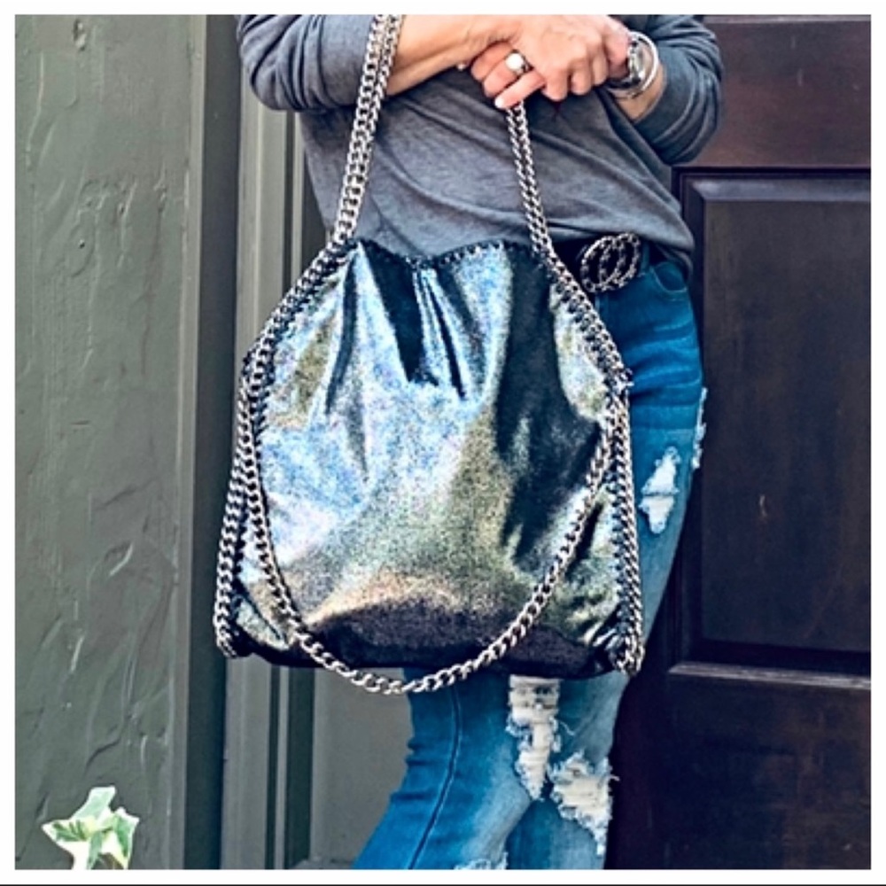 ✨LAST ONE✨Distressed vegan Leather Paris Chain Dark Grey Fashion Stylish… - Picture 3 of 7